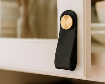 2 black leather handles - Leather accessories for furniture - Modern handles for cabinet doors - Cupboard knobs