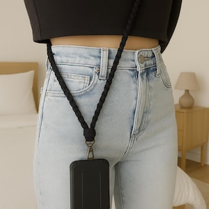 Long shoulder strap for phone - Black macrame cell phone holder - Boho macrame accessory
