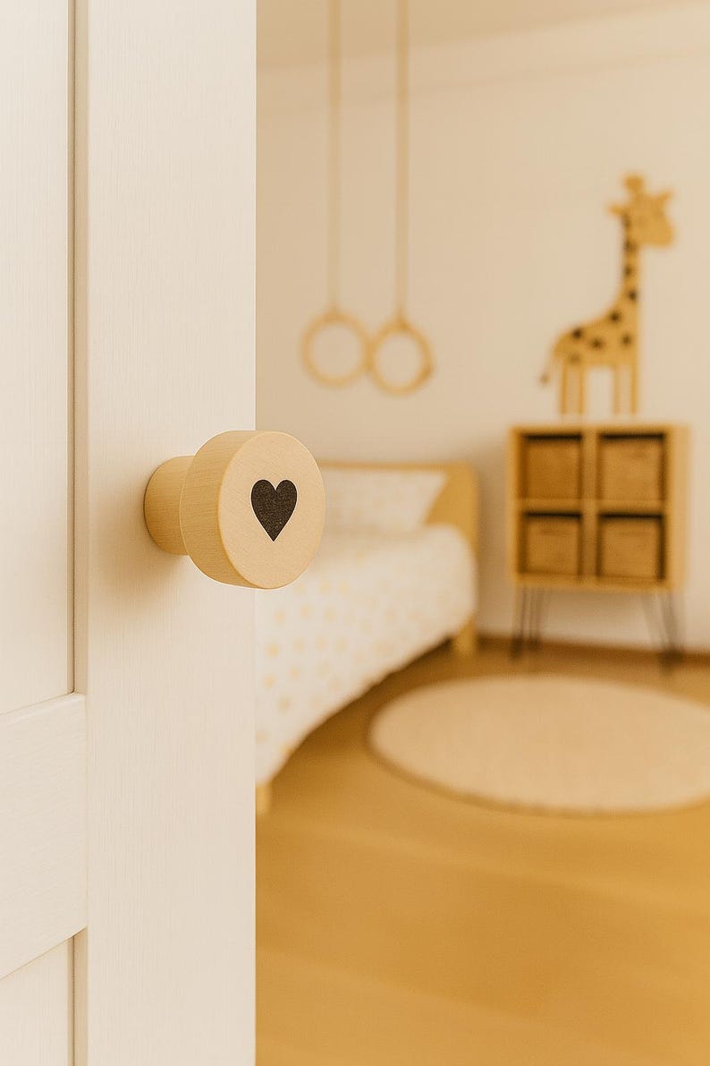 6 boutons de tiroir ronds en bois massif - Poignées décoratives ornées d’un motif de coeur - Boutons de meuble en bois pour chambre d'enfant 画像 5