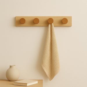 Solid wood wall hook – Minimalist wall-mounted coat rack in light pine with antique-colored round brackets – Natural decor for entryway