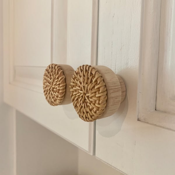 Set van 2 BOHO kastknoppen - houten handgrepen voor lade en kast - rotan en houten accessoires - binnendeurgrepen