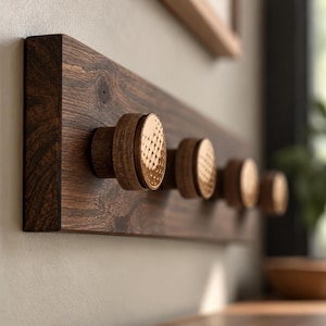 Peut inclure: Un porte-manteau mural rectangulaire en bois brun foncé doté de quatre crochets cylindriques. Chaque crochet présente une face avant circulaire avec une finition en cuivre métallique et un motif texturé en pointillés sur le devant.