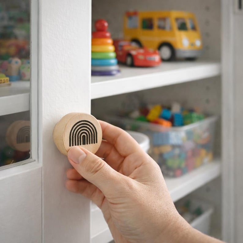 2 drawer knobs with rainbow pattern - Minimalist wooden cabinet handles - Bohemian accessories for a child's room image 5