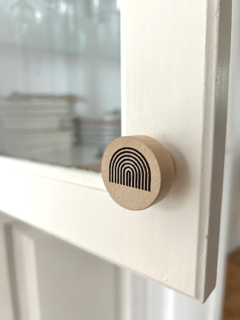 2 drawer knobs with rainbow pattern - Minimalist wooden cabinet handles - Bohemian accessories for a child's room image 4