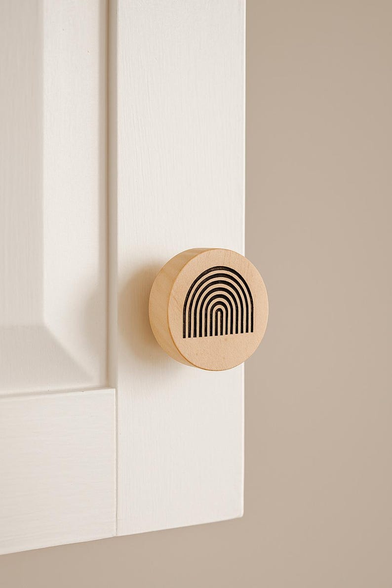 2 drawer knobs with rainbow pattern - Minimalist wooden cabinet handles - Bohemian accessories for a child's room image 1