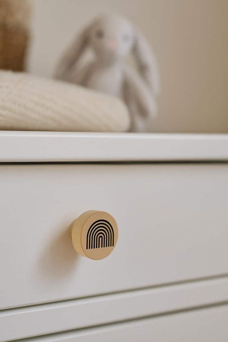 2 drawer knobs with rainbow pattern - Minimalist wooden cabinet handles - Bohemian accessories for a child's room image 3