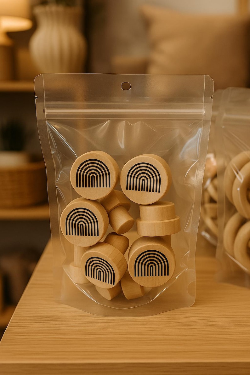 2 drawer knobs with rainbow pattern - Minimalist wooden cabinet handles - Bohemian accessories for a child's room image 2