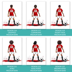 Puede incluir: Seis ilustraciones de jugadores de f&uacute;tbol con camisetas rojas con el n&uacute;mero 10 y el nombre "JOSH". Cada jugador est&aacute; de pie frente a un bal&oacute;n de f&uacute;tbol. Las ilustraciones est&aacute;n etiquetadas con diferentes peinados: Cropped, Cornrows, Short Fade, Afro, Afro Pony y Brown Afro.