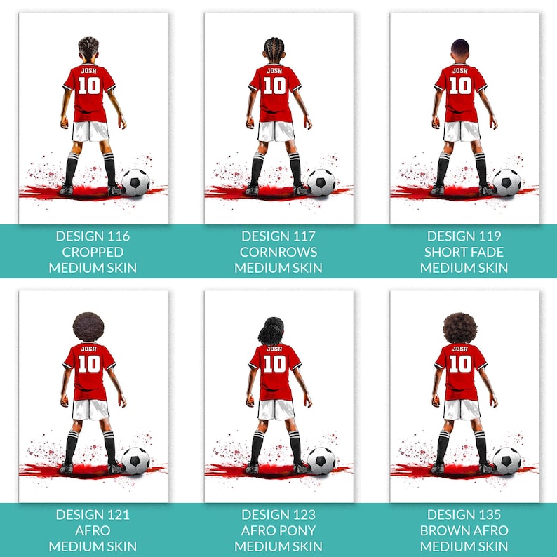 Puede incluir: Seis ilustraciones de jugadores de f&uacute;tbol con camisetas rojas con el n&uacute;mero 10 y el nombre "JOSH". Cada jugador est&aacute; de pie frente a un bal&oacute;n de f&uacute;tbol. Las ilustraciones est&aacute;n etiquetadas con diferentes peinados: Cropped, Cornrows, Short Fade, Afro, Afro Pony y Brown Afro.