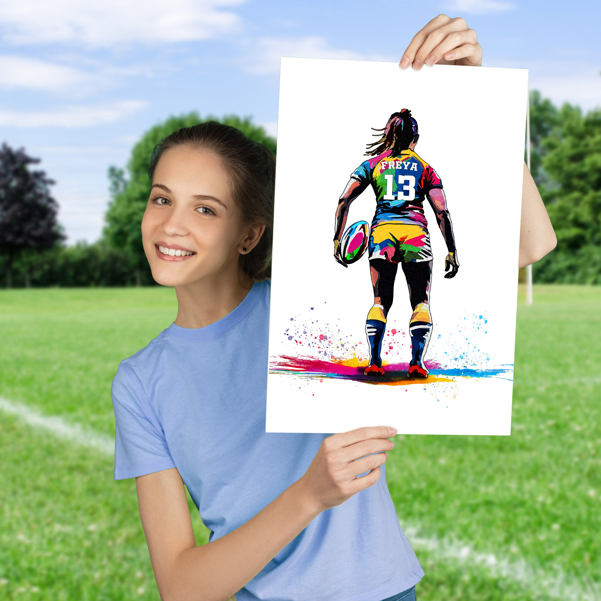 Personalised Girls Rugby Art Print | Female Rugby Player | Rugby Gifts for Girls | Women&#39;s Rugby Gift | Birthday Gift