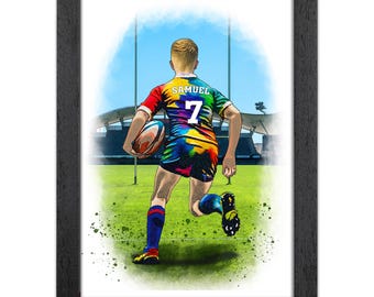 Personalised Rugby Gift for Boys | Giclée Art Print | Custom Rugby Player Portrait