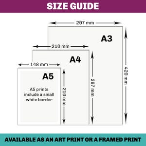 Puede incluir: Una gu&iacute;a de tallas para impresiones art&iacute;sticas, que muestra los tama&ntilde;os A3, A4 y A5. A3 mide 297 mm por 420 mm, A4 es 210 mm por 297 mm y A5 es 148 mm por 210 mm. El texto "AVAILABLE AS AN ART PRINT OR A FRAMED PRINT" est&aacute; en la parte inferior.