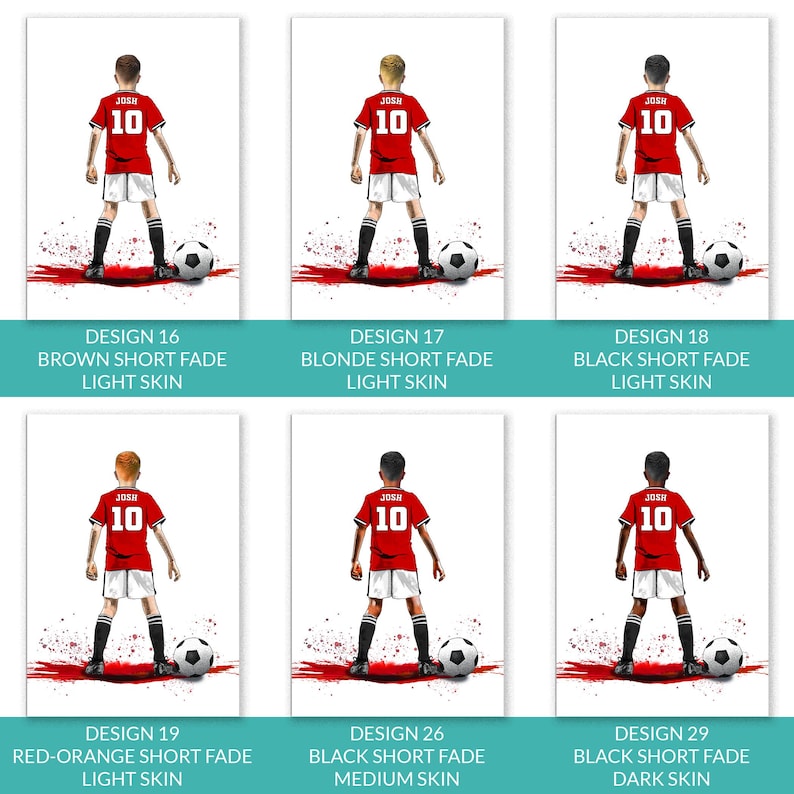 Puede incluir: Seis ilustraciones de un jugador de f&uacute;tbol con una camiseta roja con el nombre "JOSH" y el n&uacute;mero "10". Cada jugador est&aacute; de pie con un bal&oacute;n de f&uacute;tbol. El texto inferior describe el cabello y el tono de piel.