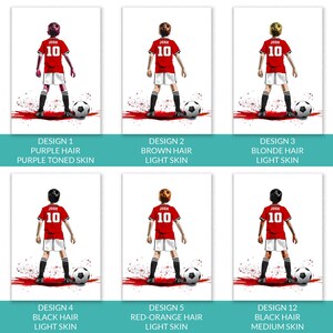 Puede incluir: Seis ilustraciones de jugadores de f&uacute;tbol con camisetas rojas con el n&uacute;mero 10 y el nombre "JOSH". Cada jugador tiene un color de pelo y un tono de piel diferentes. El texto en la parte inferior de cada imagen describe el color de pelo y el tono de piel.