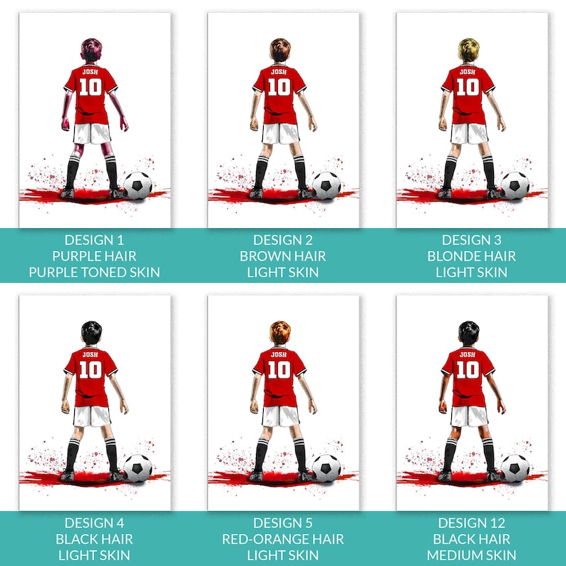 Puede incluir: Seis ilustraciones de jugadores de f&uacute;tbol con camisetas rojas con el n&uacute;mero 10 y el nombre "JOSH". Cada jugador tiene un color de pelo y un tono de piel diferentes. El texto en la parte inferior de cada imagen describe el color de pelo y el tono de piel.