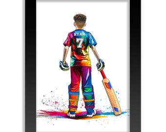 Presente personalizado de críquete para meninos | Impressão artística Giclée | Retrato personalizado de jogador de críquete