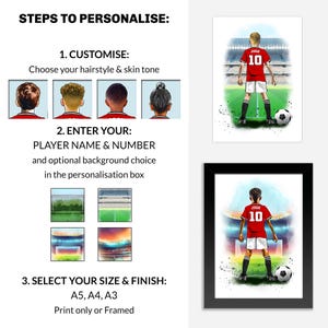 Puede incluir: Una impresi&oacute;n enmarcada que presenta a un jugador de f&uacute;tbol con una camiseta roja con el nombre "JOSH" y el n&uacute;mero "10". La imagen incluye instrucciones para la personalizaci&oacute;n: personalizar el peinado, ingresar el nombre y n&uacute;mero del jugador y seleccionar el tama&ntilde;o y el acabado.