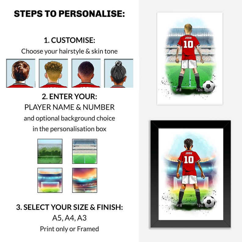 Puede incluir: Una impresi&oacute;n enmarcada que presenta a un jugador de f&uacute;tbol con una camiseta roja con el nombre "JOSH" y el n&uacute;mero "10". La imagen incluye instrucciones para la personalizaci&oacute;n: personalizar el peinado, ingresar el nombre y n&uacute;mero del jugador y seleccionar el tama&ntilde;o y el acabado.