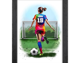 Personalised Girls Football Gift | Giclée Art Print | Custom Football Portrait