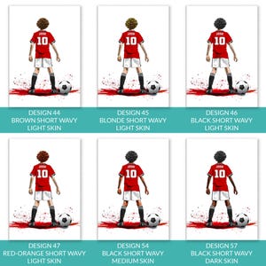 Puede incluir: Seis ilustraciones de jugadores de f&uacute;tbol con camisetas rojas con el nombre "JOSH" y el n&uacute;mero "10". Cada jugador tiene un color de pelo y un tono de piel diferentes. El texto debajo de cada imagen describe el color del pelo, el peinado y el tono de piel.