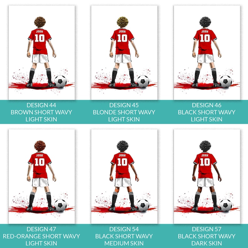 Puede incluir: Seis ilustraciones de jugadores de f&uacute;tbol con camisetas rojas con el nombre "JOSH" y el n&uacute;mero "10". Cada jugador tiene un color de pelo y un tono de piel diferentes. El texto debajo de cada imagen describe el color del pelo, el peinado y el tono de piel.