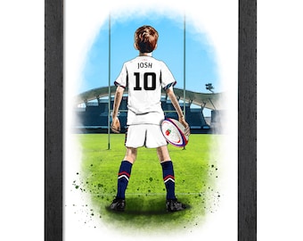Regalo personalizado de rugby inglés para niños / Impresión artística Giclée / Retrato de rugby personalizado