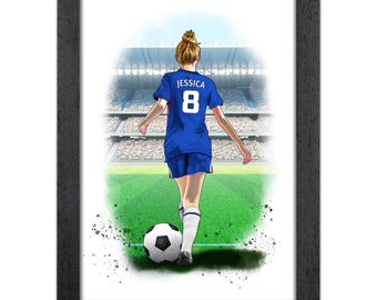 Spersonalizowany prezent piłkarski Chelsea dla dziewczynek | Druk artystyczny Giclée | Spersonalizowany portret piłkarski