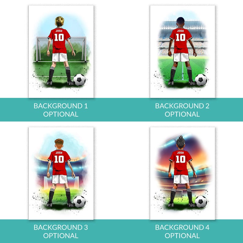 Puede incluir: Cuatro ilustraciones de jugadores de f&uacute;tbol con camisetas rojas con el nombre "JOSH" y el n&uacute;mero "10" en la espalda. Cada jugador est&aacute; de pie con un bal&oacute;n de f&uacute;tbol. Los fondos var&iacute;an, incluyendo un campo de f&uacute;tbol y un estadio.
