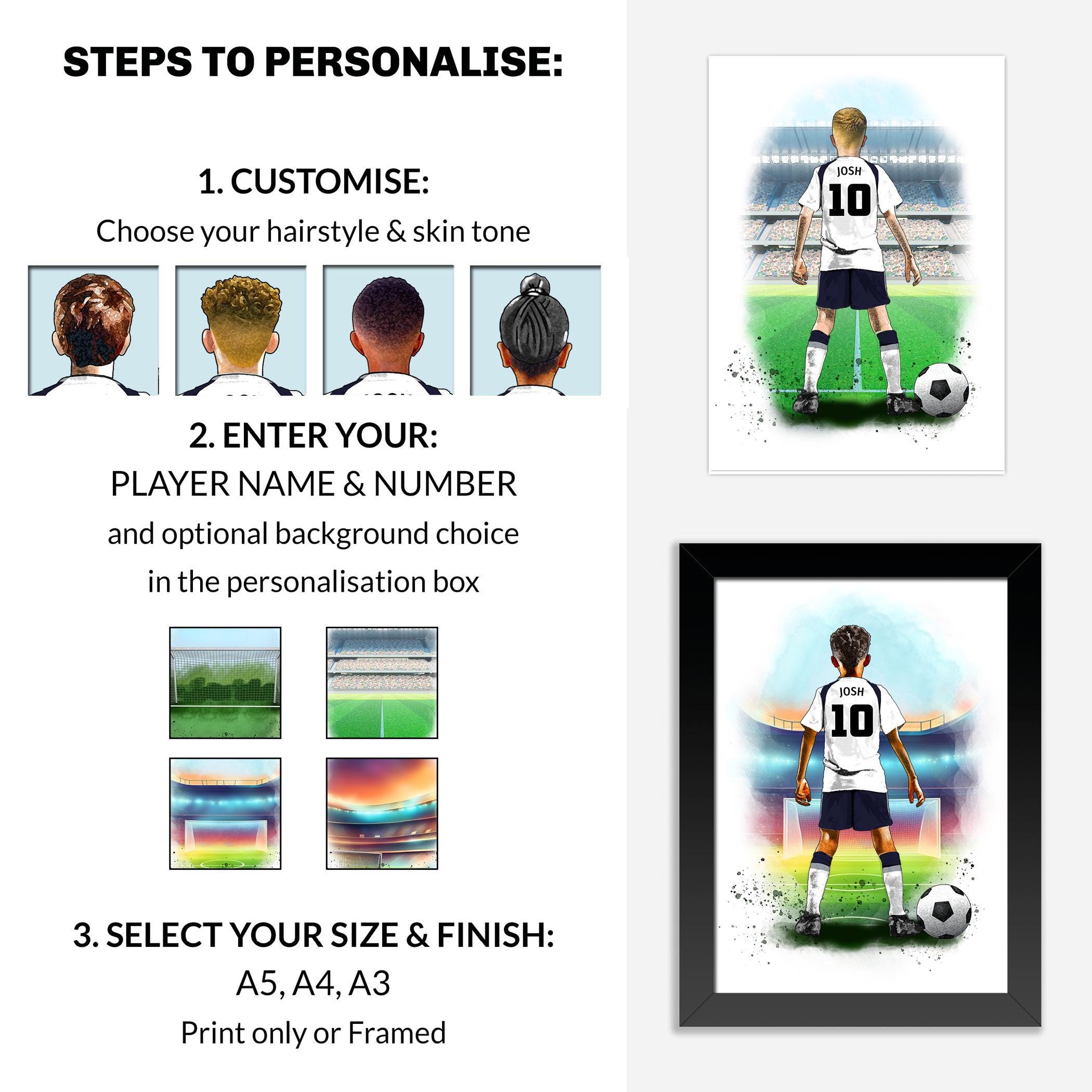 Personalised Tottenham Football Gift For Boys | Giclée Art Print | Custom Football Portrait