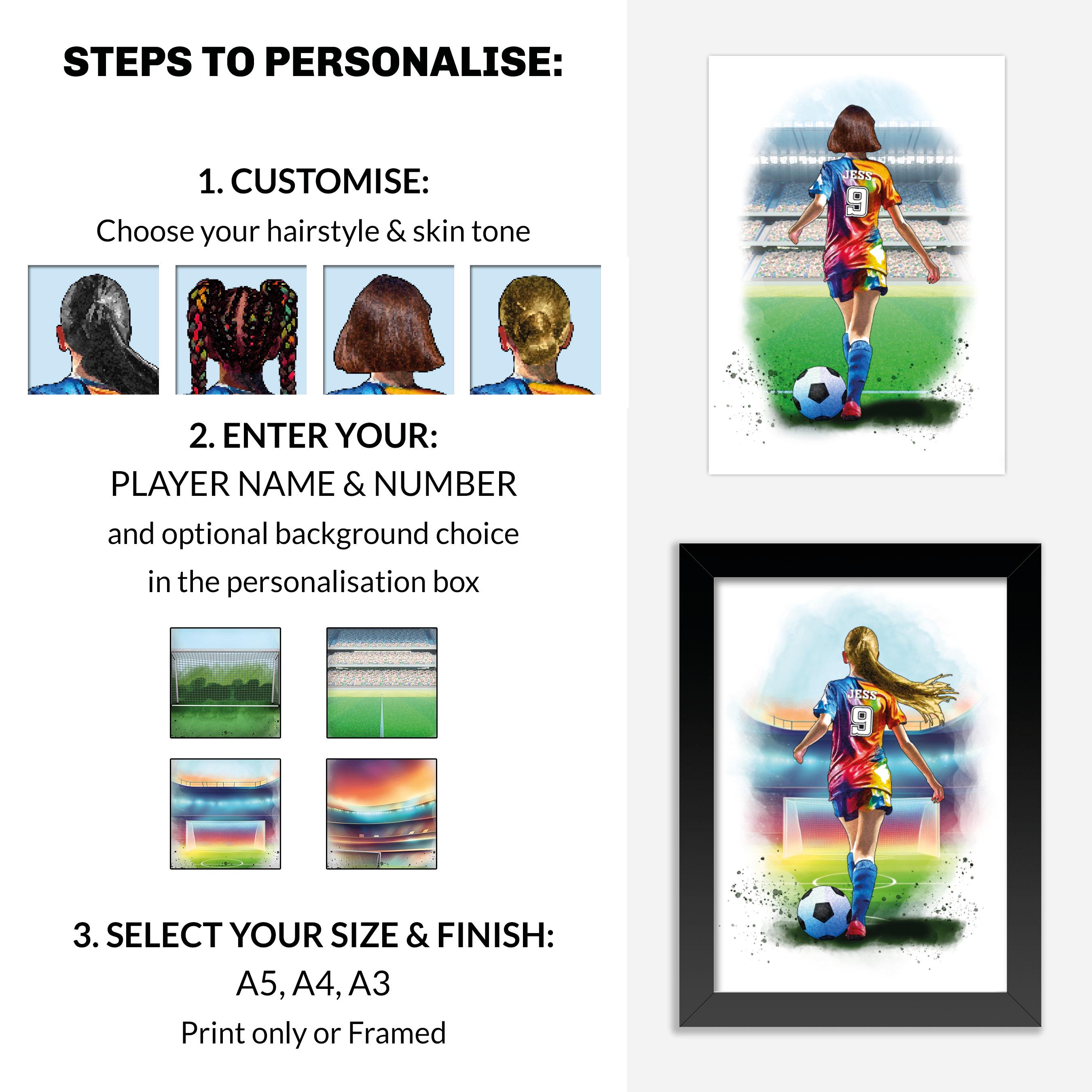 Girls Football Gifts | Personalised Soccer Player | Womens Football Art Print | Personalised Football Gift For Girls | Female Footballer