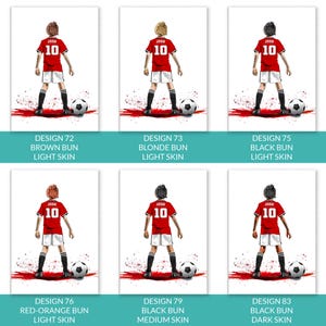 Puede incluir: Seis ilustraciones de jugadores de f&uacute;tbol con camisetas rojas con el nombre "JOSH" y el n&uacute;mero "10". Cada jugador est&aacute; de pie con un bal&oacute;n de f&uacute;tbol. Las ilustraciones est&aacute;n etiquetadas con descripciones de color de cabello y tono de piel, como "Brown Bun Light Skin".
