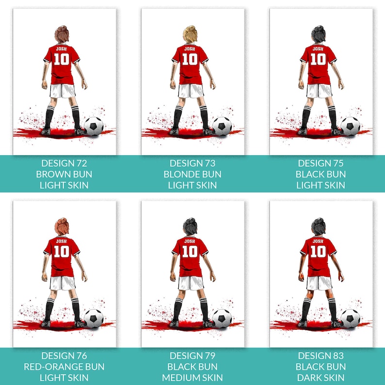 Puede incluir: Seis ilustraciones de jugadores de f&uacute;tbol con camisetas rojas con el nombre "JOSH" y el n&uacute;mero "10". Cada jugador est&aacute; de pie con un bal&oacute;n de f&uacute;tbol. Las ilustraciones est&aacute;n etiquetadas con descripciones de color de cabello y tono de piel, como "Brown Bun Light Skin".