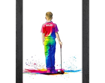 Personalised Golf Gift for Boys | Giclée Art Print | Custom Golf Portrait