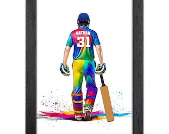 Presente personalizado para homens fãs de críquete | Impressão artística Giclée | Retrato personalizado de jogador de críquete