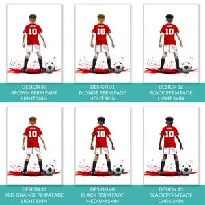 Puede incluir: Seis ilustraciones de jugadores de f&uacute;tbol con camisetas rojas con el nombre "JOSH" y el n&uacute;mero "10". Cada jugador est&aacute; de pie con un bal&oacute;n de f&uacute;tbol. Las im&aacute;genes est&aacute;n etiquetadas con descripciones del color del cabello y la piel, como "Brown Perm Fade Light Skin".