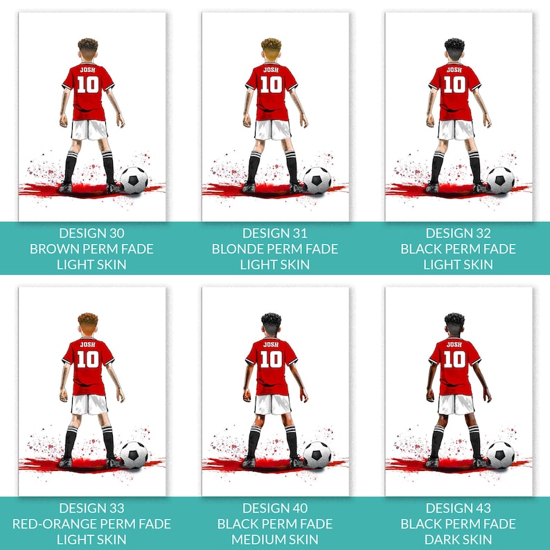 Puede incluir: Seis ilustraciones de jugadores de f&uacute;tbol con camisetas rojas con el nombre "JOSH" y el n&uacute;mero "10". Cada jugador est&aacute; de pie con un bal&oacute;n de f&uacute;tbol. Las im&aacute;genes est&aacute;n etiquetadas con descripciones del color del cabello y la piel, como "Brown Perm Fade Light Skin".
