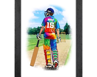 Personalised Cricket Gift for Boys | Giclée Art Print | Custom Cricket Portrait