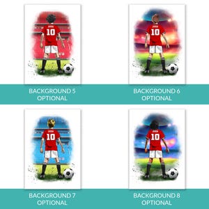 Puede incluir: Cuatro ilustraciones de jugadores de f&uacute;tbol con camisetas rojas con el n&uacute;mero 10 y el nombre "JOSH" en la espalda. Cada jugador est&aacute; de pie en un campo verde con un bal&oacute;n de f&uacute;tbol. Los fondos var&iacute;an, representando escenas de estadio.