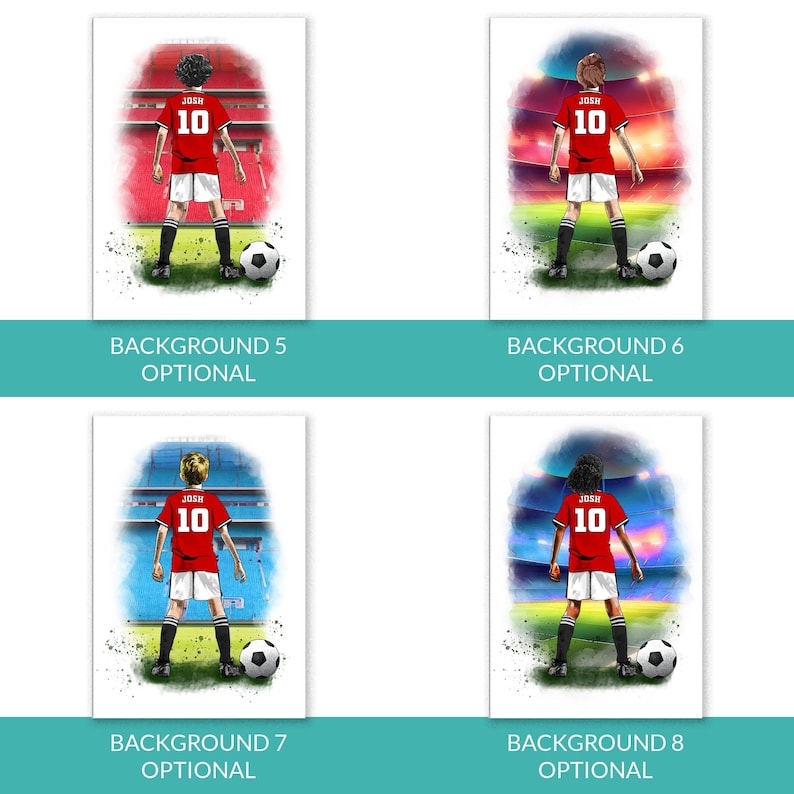 Puede incluir: Cuatro ilustraciones de jugadores de f&uacute;tbol con camisetas rojas con el n&uacute;mero 10 y el nombre "JOSH" en la espalda. Cada jugador est&aacute; de pie en un campo verde con un bal&oacute;n de f&uacute;tbol. Los fondos var&iacute;an, representando escenas de estadio.