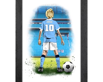 Personalised Manchester City Football Gift for Boys | Giclée Art Print | Custom Football Portrait