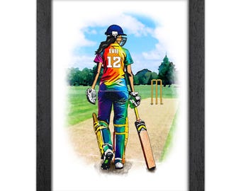 Personalised Cricket Gift for Girls | Giclée Art Print | Custom Cricket Portrait