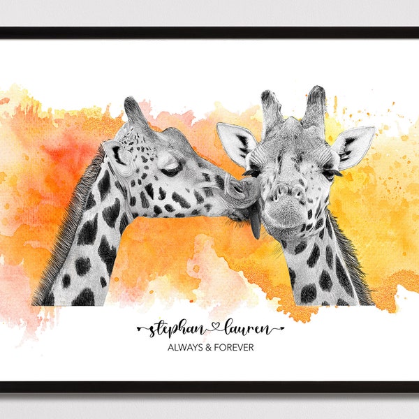 Giraffe Kiss Art | Always and Forever | Engagement Gift | Wedding Gift | Anniversary Gift | Gift for Couple | Personalised Couple