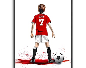 Personalised Manchester United Football Gift for Boys | Giclée Art Print | Custom Football Portrait