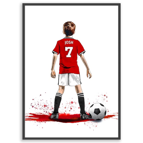 Personalised Manchester United Football Gift for Boys | Giclée Art Print | Custom Football Portrait