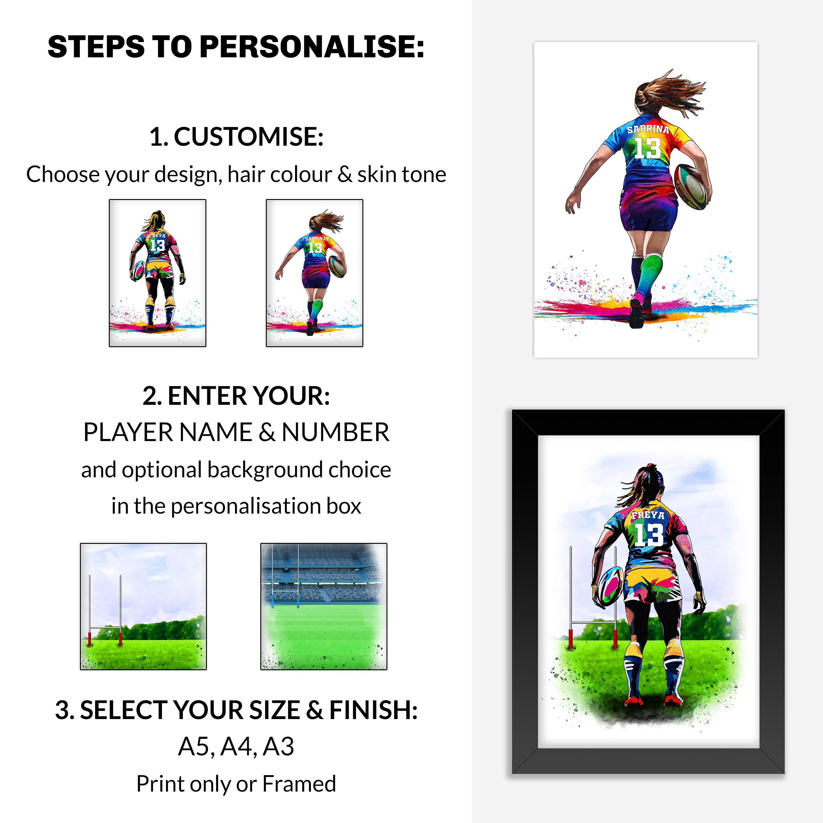Personalised Girls Rugby Art Print | Female Rugby Player | Rugby Gifts for Girls | Women&#39;s Rugby Gift | Birthday Gift