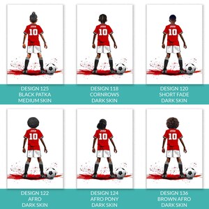 Puede incluir: Seis ilustraciones de un jugador de f&uacute;tbol con una camiseta roja con el nombre "JOSH" y el n&uacute;mero "10". Cada jugador tiene un peinado y un tono de piel diferentes. El texto indica el n&uacute;mero de dise&ntilde;o, peinado y tono de piel.