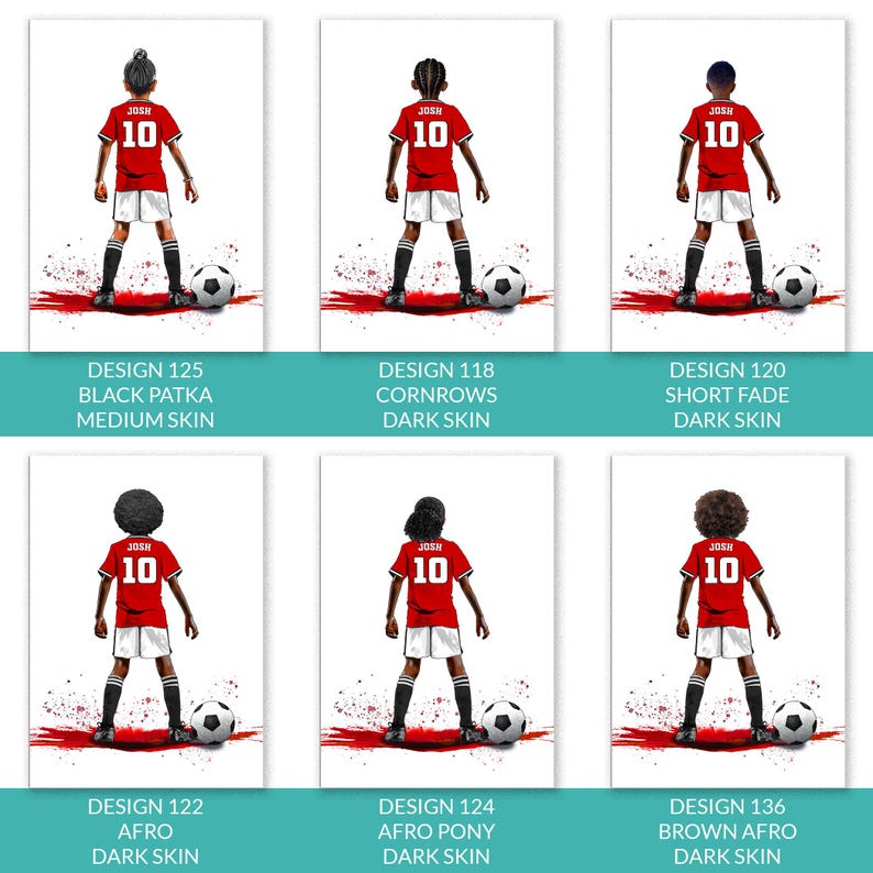 Puede incluir: Seis ilustraciones de un jugador de f&uacute;tbol con una camiseta roja con el nombre "JOSH" y el n&uacute;mero "10". Cada jugador tiene un peinado y un tono de piel diferentes. El texto indica el n&uacute;mero de dise&ntilde;o, peinado y tono de piel.
