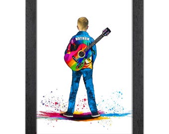 Personalised Guitar Gift for Boys | Giclée Art Print | Custom Guitar Player Portrait