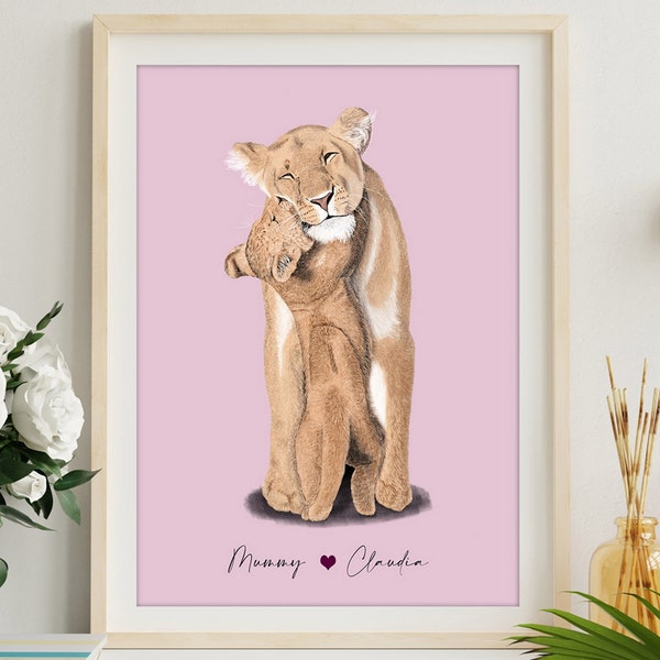 Lioness and Cub Wall Art | Mothers Day Print | Personalised Mothers Day Gift | Birthday Gift for Mum | Grandma Gifts
