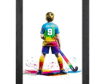 Personalised Field Hockey Gift for Boys | Giclée Art Print | Custom Hockey Portrait